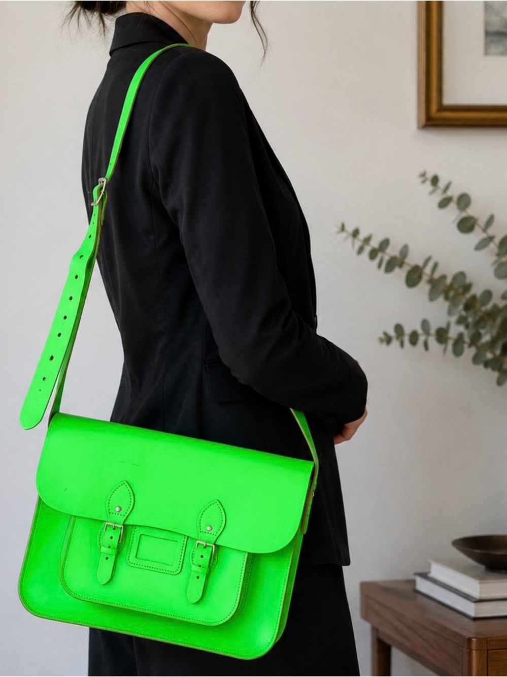 Cambridge Satchel Leather Neon Green Unisex 15 inch Crossbody Shoulder Bag